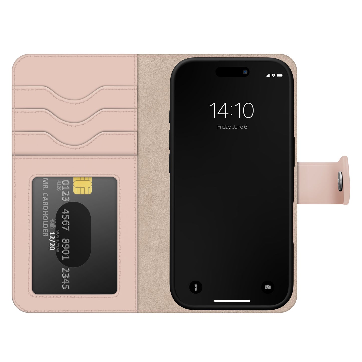 IPhone 17 i Magnet Wallet+ pink pungcover, åben med synlige kortlommer og kreditkort, display viser 14:10 6. juni.