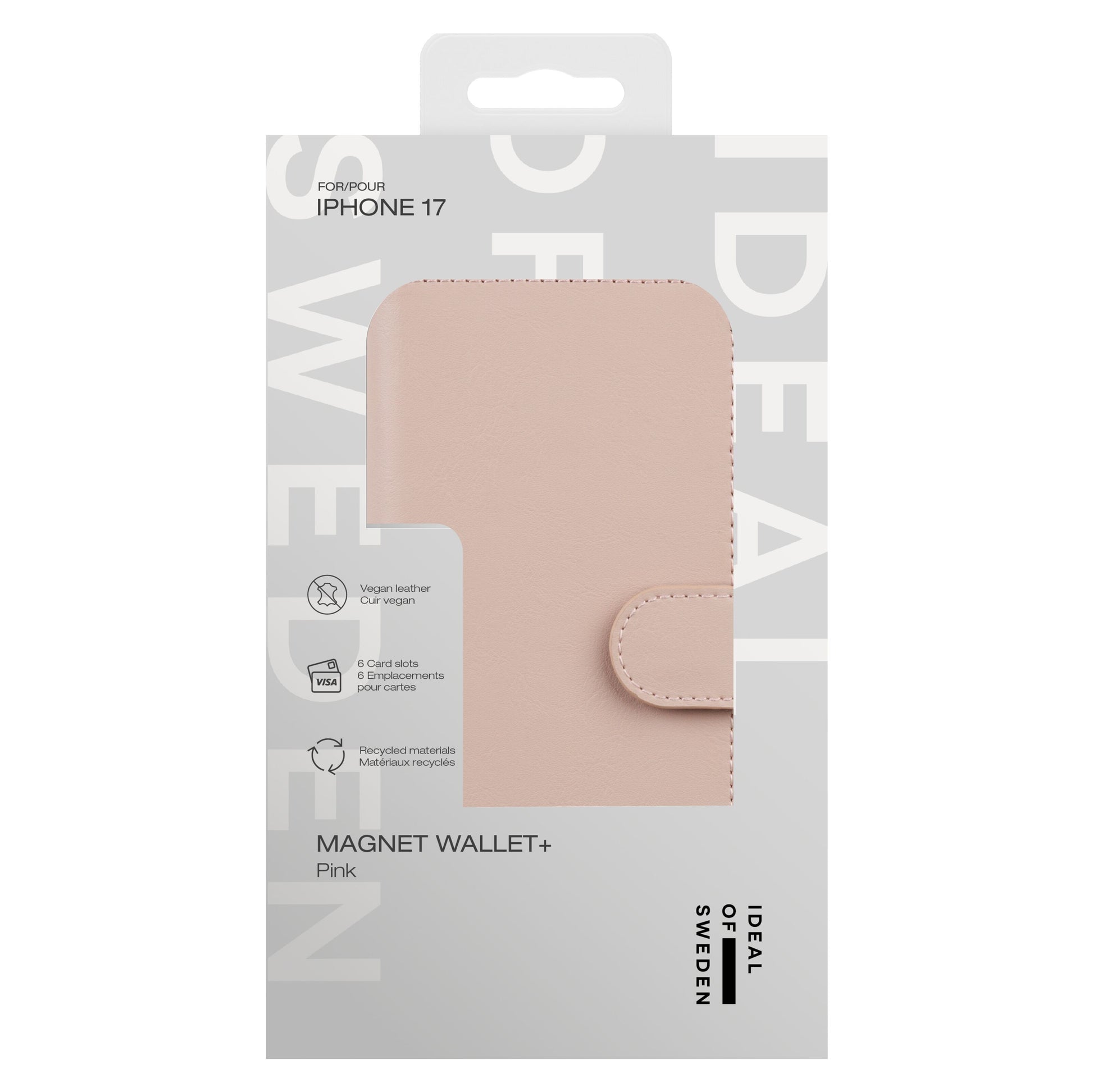 IDEAL OF SWEDEN Magnet Wallet+ pungcover til iPhone 17 pink, vegansk læder, RFID-beskyttelse, kortholdere, logo på æsken.