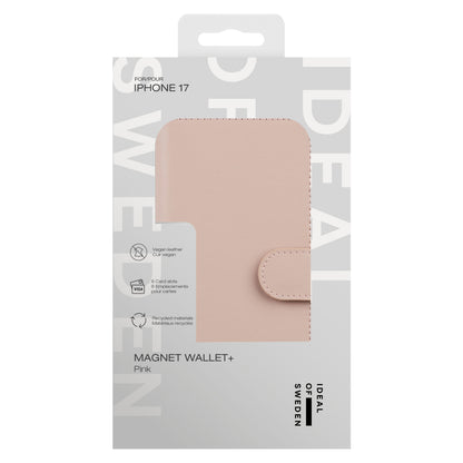 IDEAL OF SWEDEN Magnet Wallet+ pungcover til iPhone 17 pink, vegansk læder, RFID-beskyttelse, kortholdere, logo på æsken.