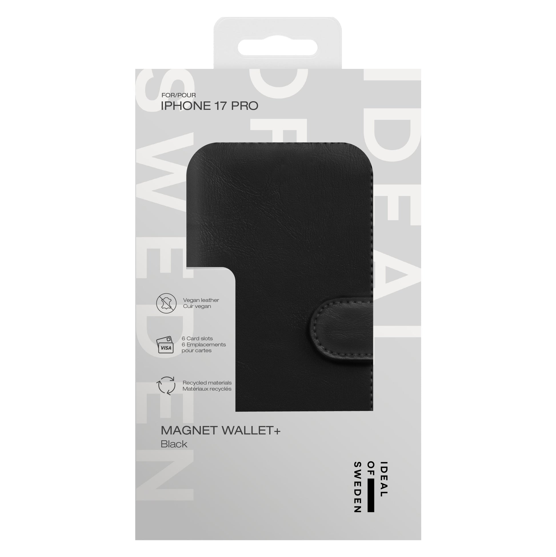 Ideal Of Sweden Magnet Wallet+ cover til iPhone 17 Pro sort veganlæder med kortholder, magnetlukning, i retailæske.