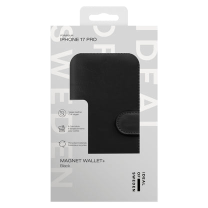 Ideal Of Sweden Magnet Wallet+ cover til iPhone 17 Pro sort veganlæder med kortholder, magnetlukning, i retailæske.