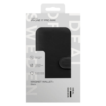 IDEAL OF SWEDEN Magnet Wallet+ pungcover til iPhone 17 Pro Max Sort delvist synlig gennem udskæring på hvid/grå æske.