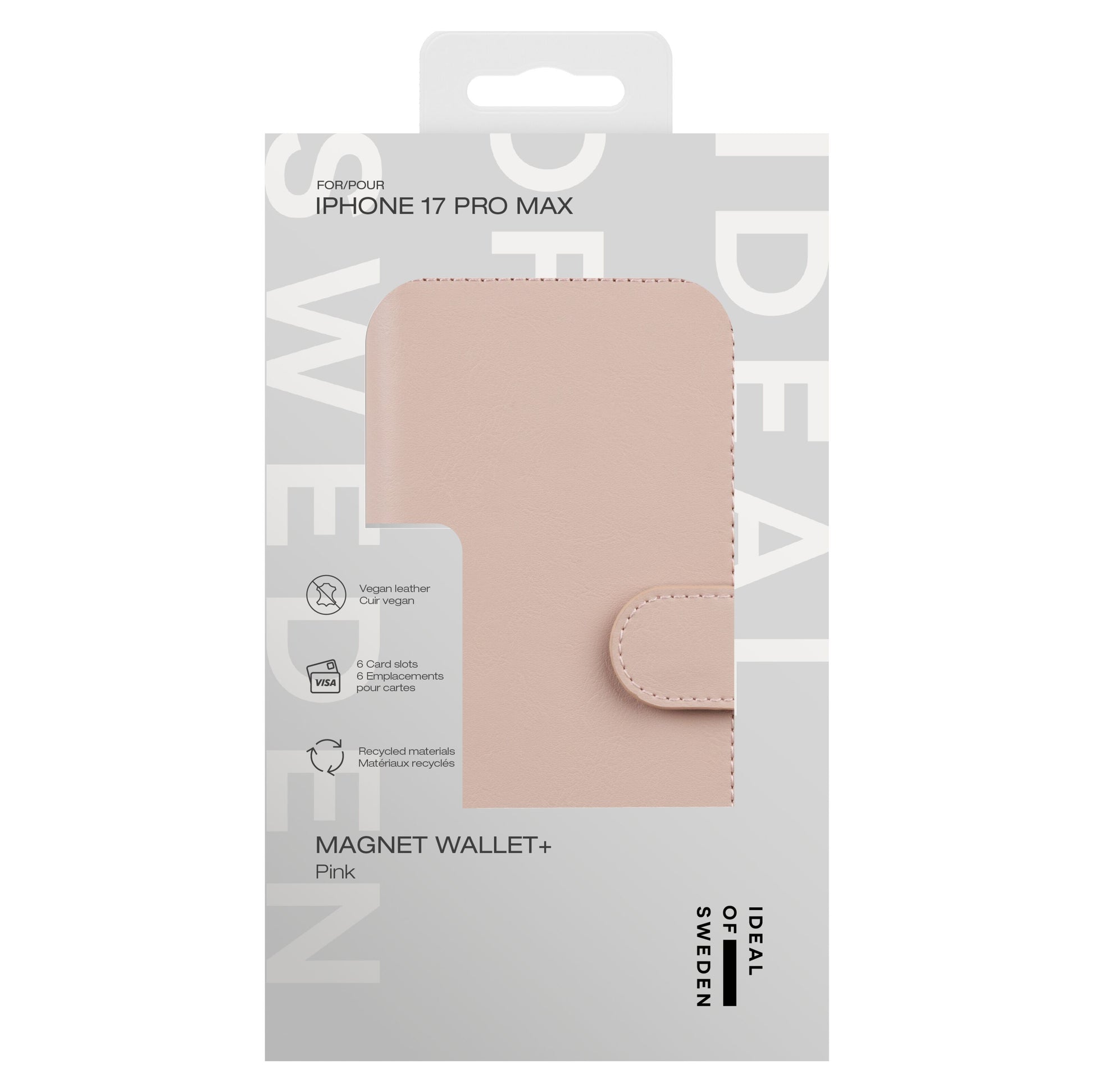 IDEAL OF SWEDEN Magnet Wallet+ pungcover Pink til iPhone 17 Pro Max, kortholder, magnetlukning, vegansk læder, genbrugsmaterialer.