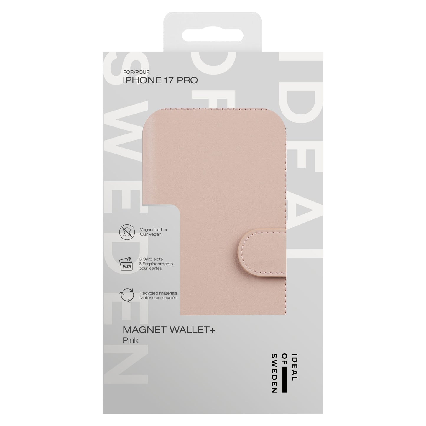 IDEAL OF SWEDEN Magnet Wallet+ pungcover til iPhone 17 Pro Pink, vegansk læder, 6 kortlommer, RFID, synlig gennem æskeudskæring.