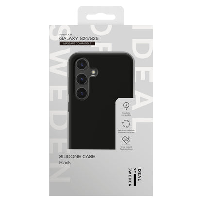 IDEAL OF SWEDEN Silicone MagSafe Cover sort til Galaxy S24/S25 i emballage med MagSafe og drop protection ikoner.