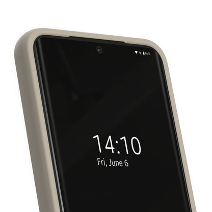 Galaxy S24/S25 silikone MagSafe cover, perfekt beige, skærm viser 14:10, fredag 6. juni, 80 batteri.