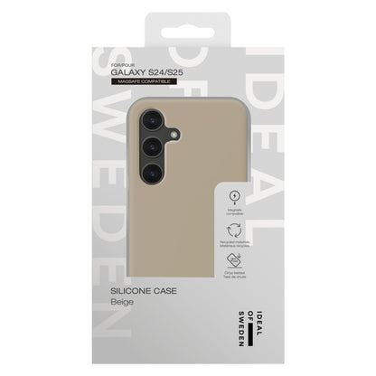 Ideal Of Sweden Silicone MagSafe Cover Perfect Beige til Galaxy S24/S25, æske med MagSafe og faldbeskyttelse, mærke på forsiden.