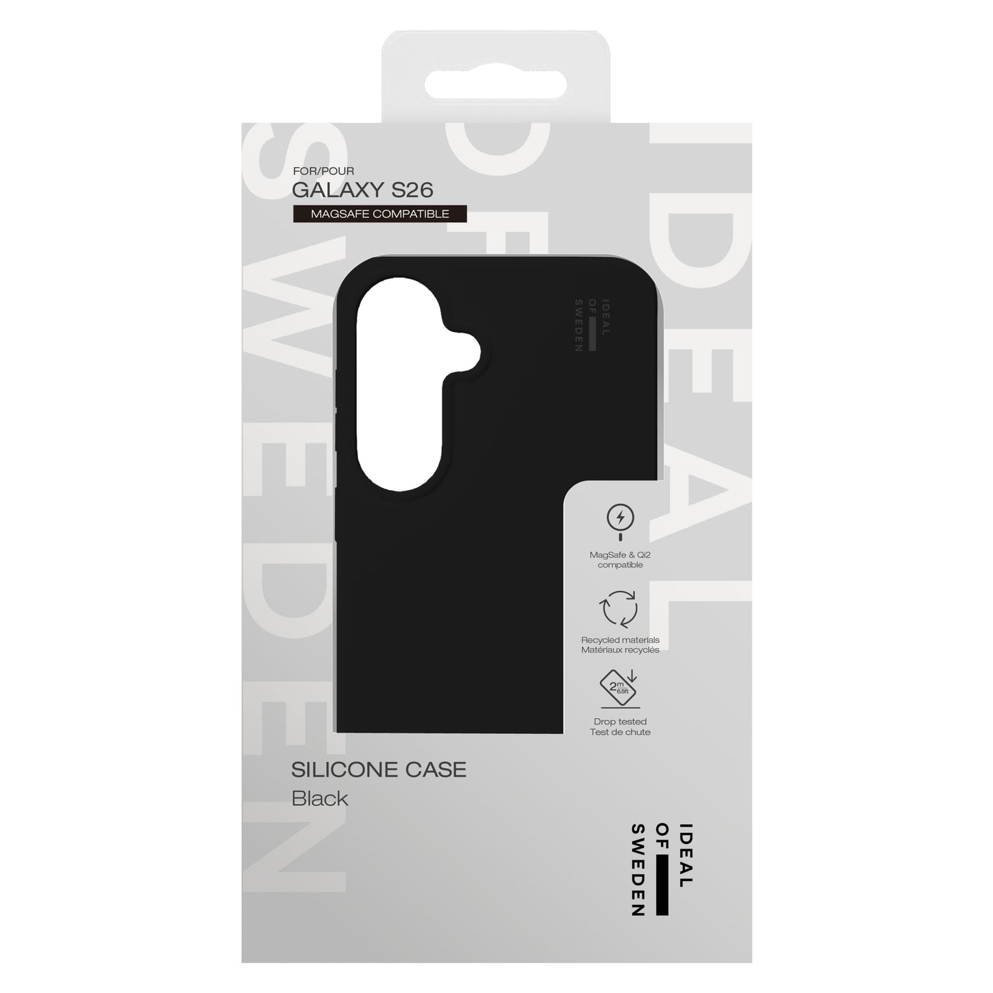 IDEAL OF SWEDEN Silikone MagSafe Cover Galaxy S26 sort i hvid/grå æske med tydelig "MAGSAFE COMPATIBLE"-mærkning.