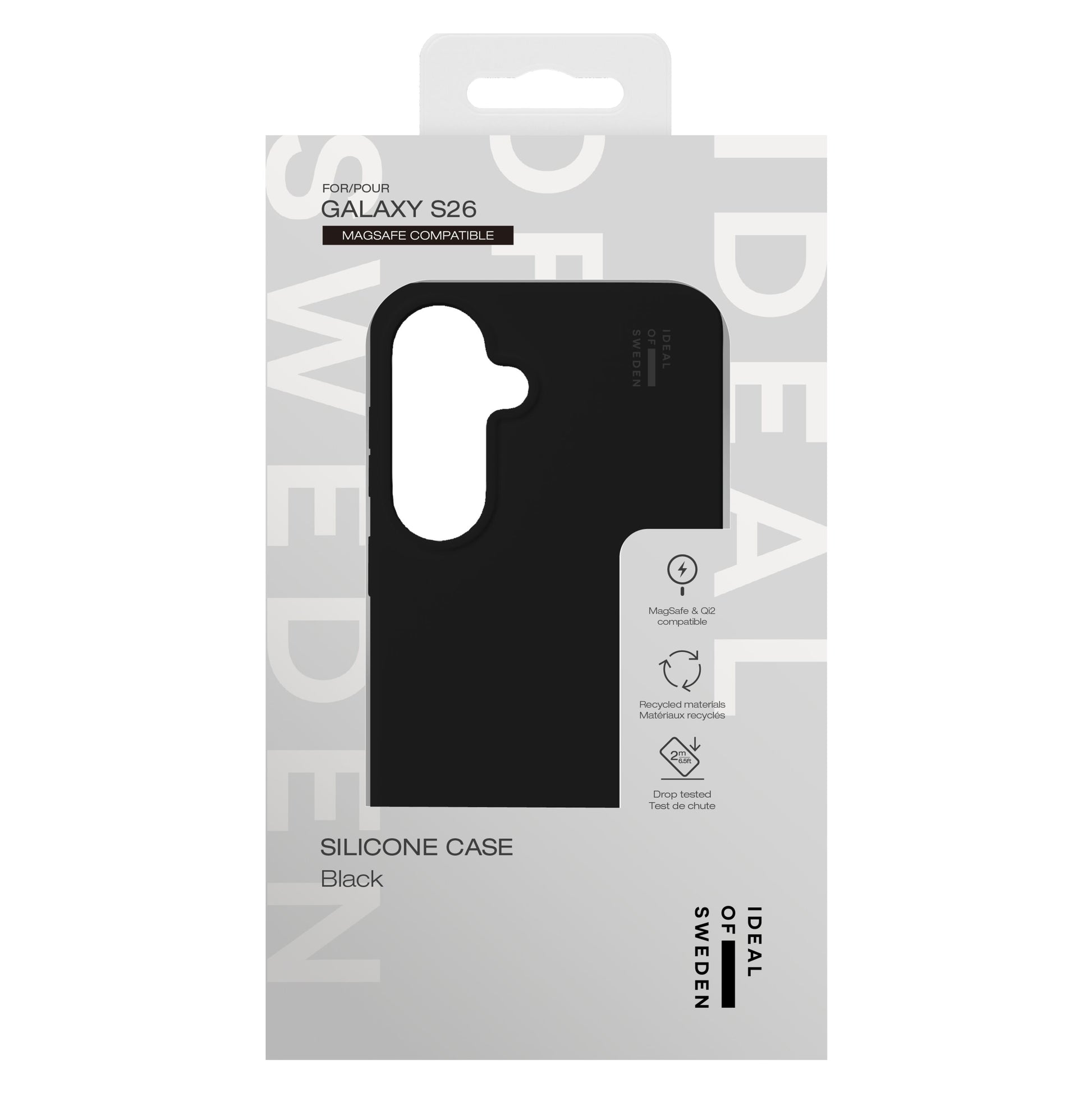 IDEAL OF SWEDEN Silikone MagSafe Cover Galaxy S26 sort i hvid/grå æske med tydelig "MAGSAFE COMPATIBLE"-mærkning.