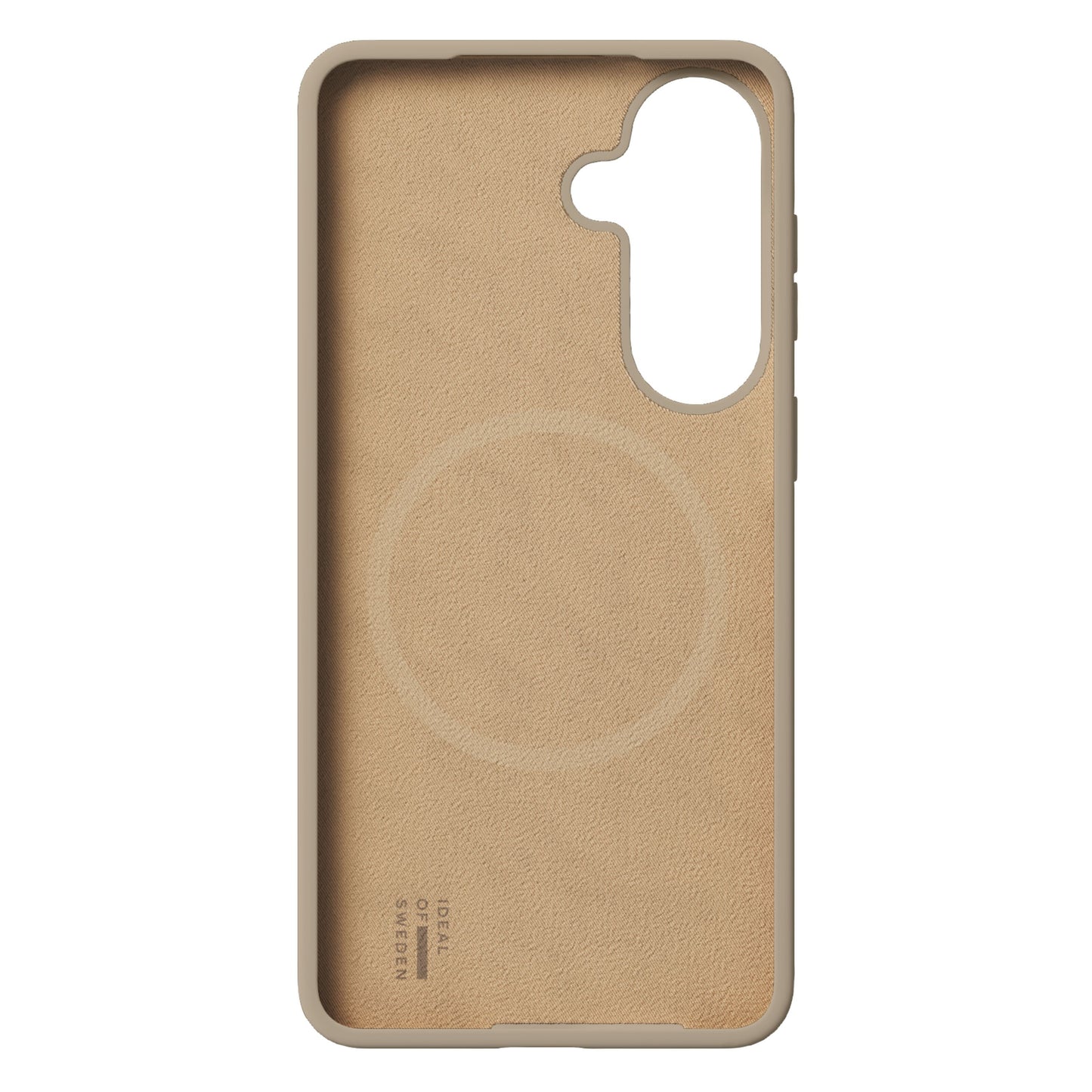 IDEAL OF SWEDEN Silikone MagSafe Cover Galaxy S26 Perfect Beige med ruskindsinteriør, cirkulær MagSafe, lodret kameracutout, logo.