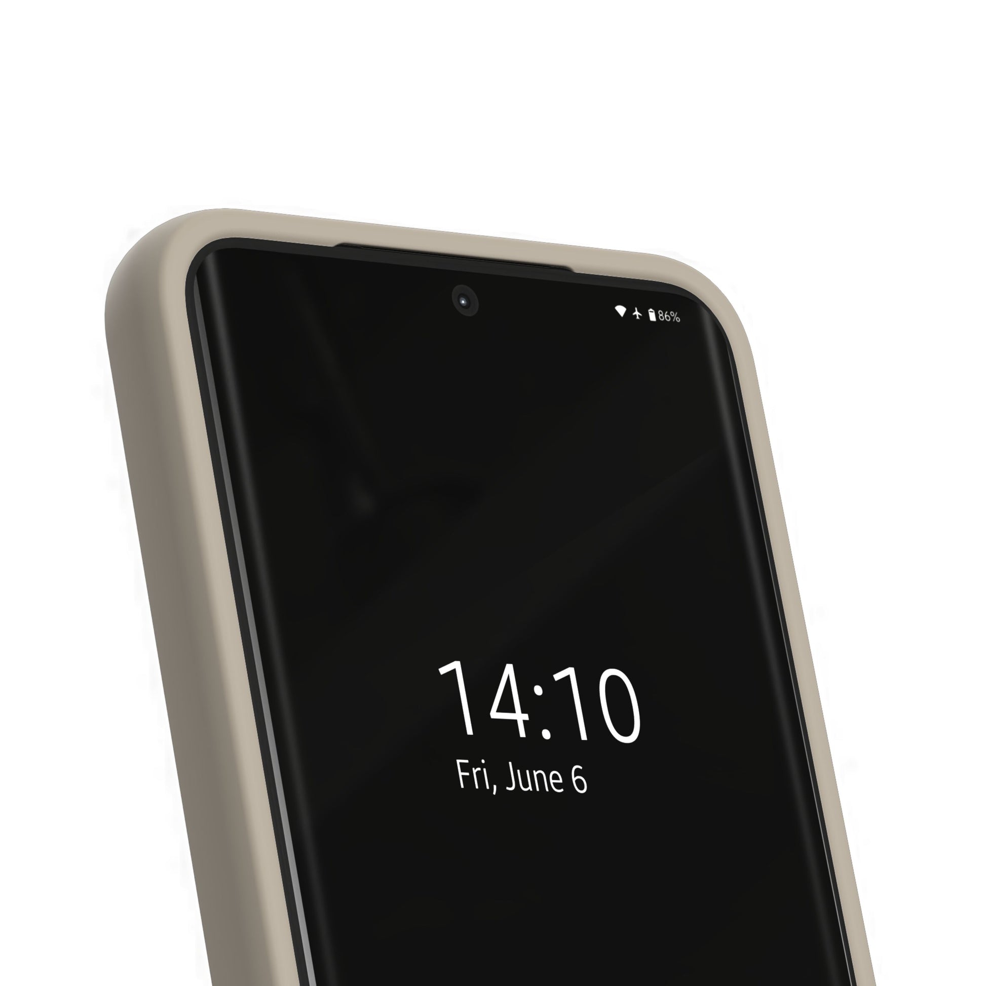 IDEAL OF SWEDEN Silikone MagSafe Cover Perfect Beige til Galaxy S26, vises fra lav vinkel på skærm med tid 14:10, dato 6. juni.