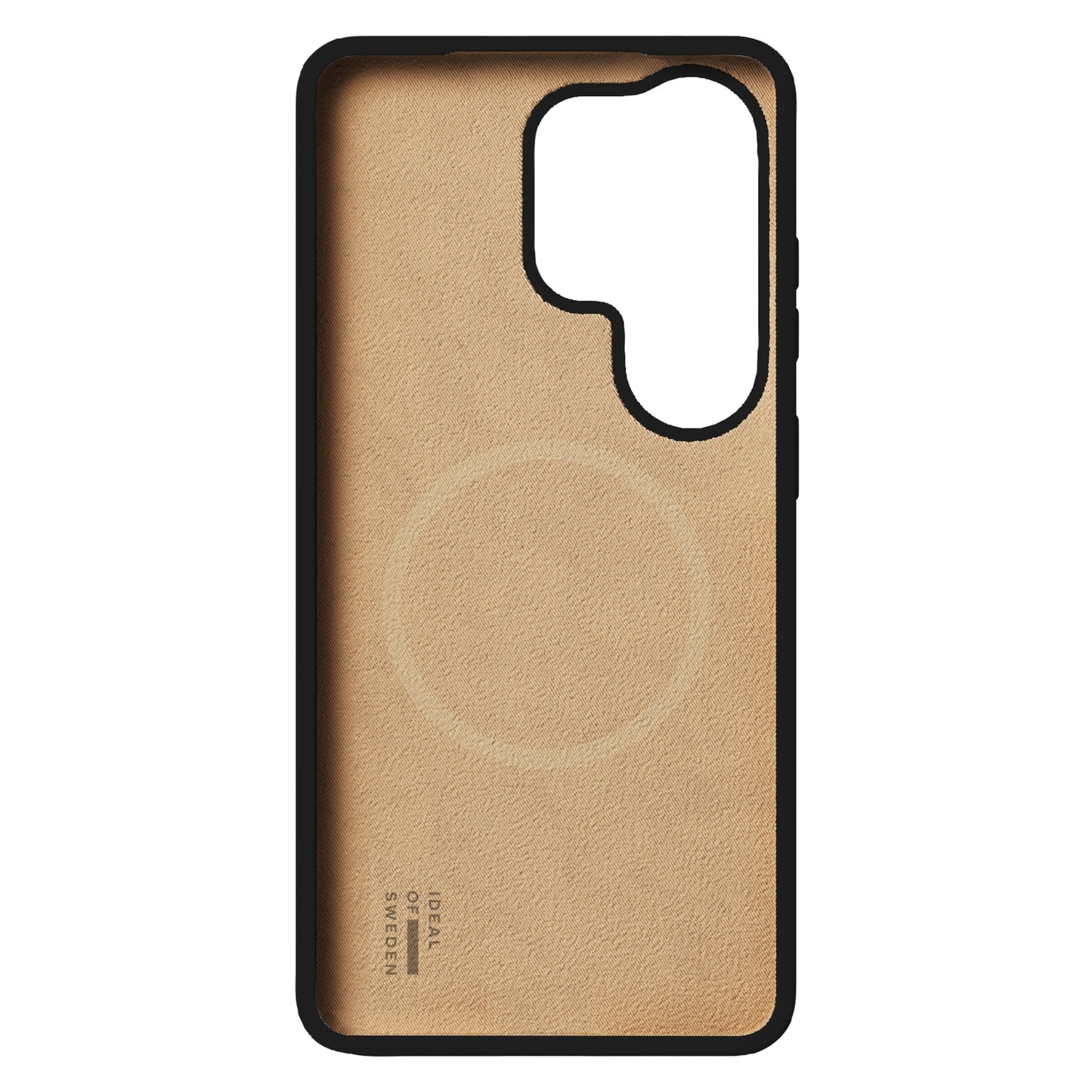 IDEAL OF SWEDEN Silikone MagSafe Cover Galaxy S26 Ultra sort ydre, beige ruskindslook indre, cirkel og logo indeni.