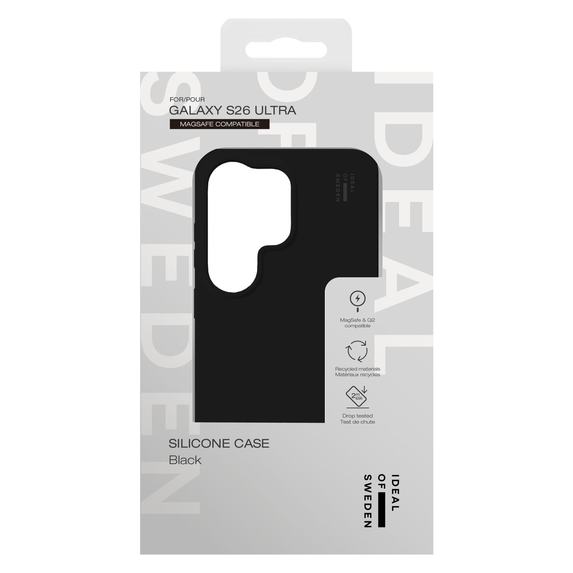 IDEAL OF SWEDEN Silicone MagSafe Cover Galaxy S26 Ultra sort, præcis kameracutout, MagSafe-kompatibel, hvid æske med gråt logo.