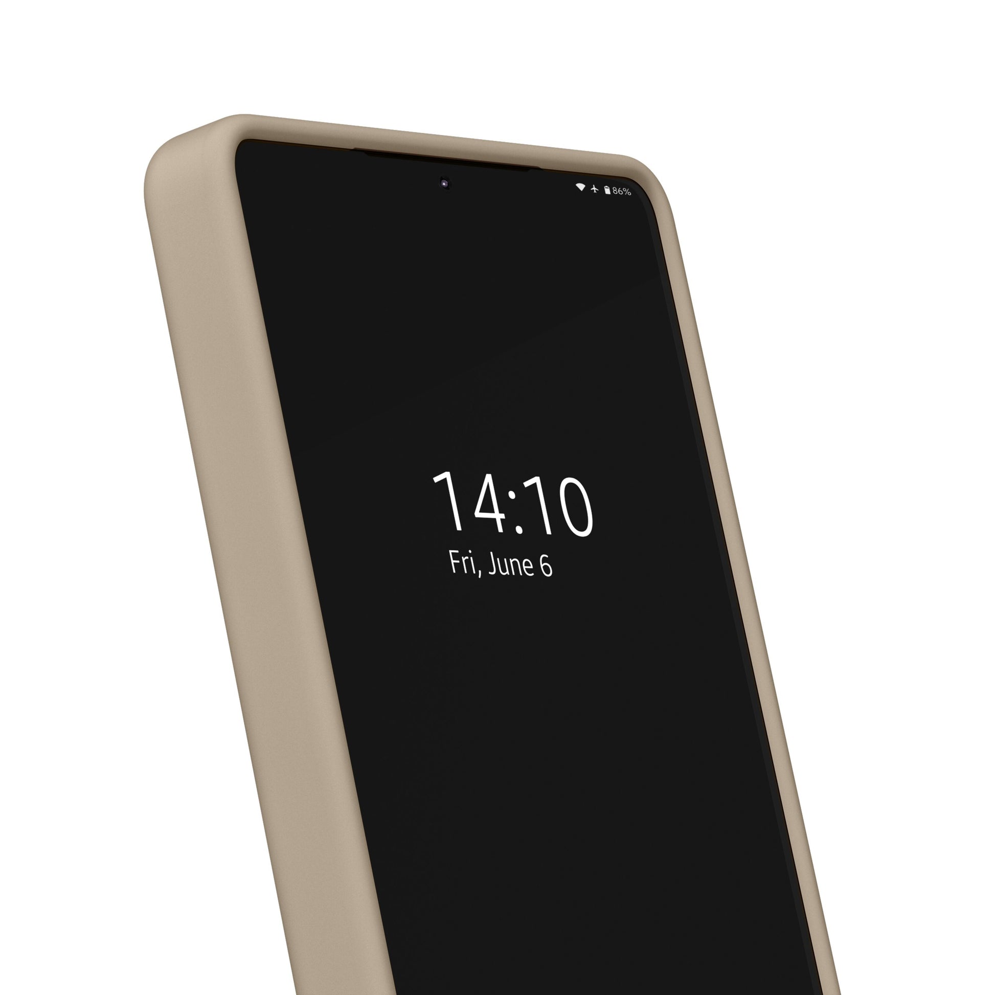 IDEAL OF SWEDEN Silicone MagSafe Cover Perfect Beige til Galaxy S26 Ultra, sort skærm viser kl 14:10 og d. 6. juni.