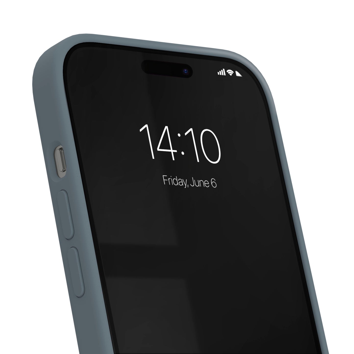 IPhone med mørk skærm 14:10, fredag 6. juni, i blå IDEAL OF SWEDEN Silicone MagSafe Case til iPhone 13/14/15/16e.