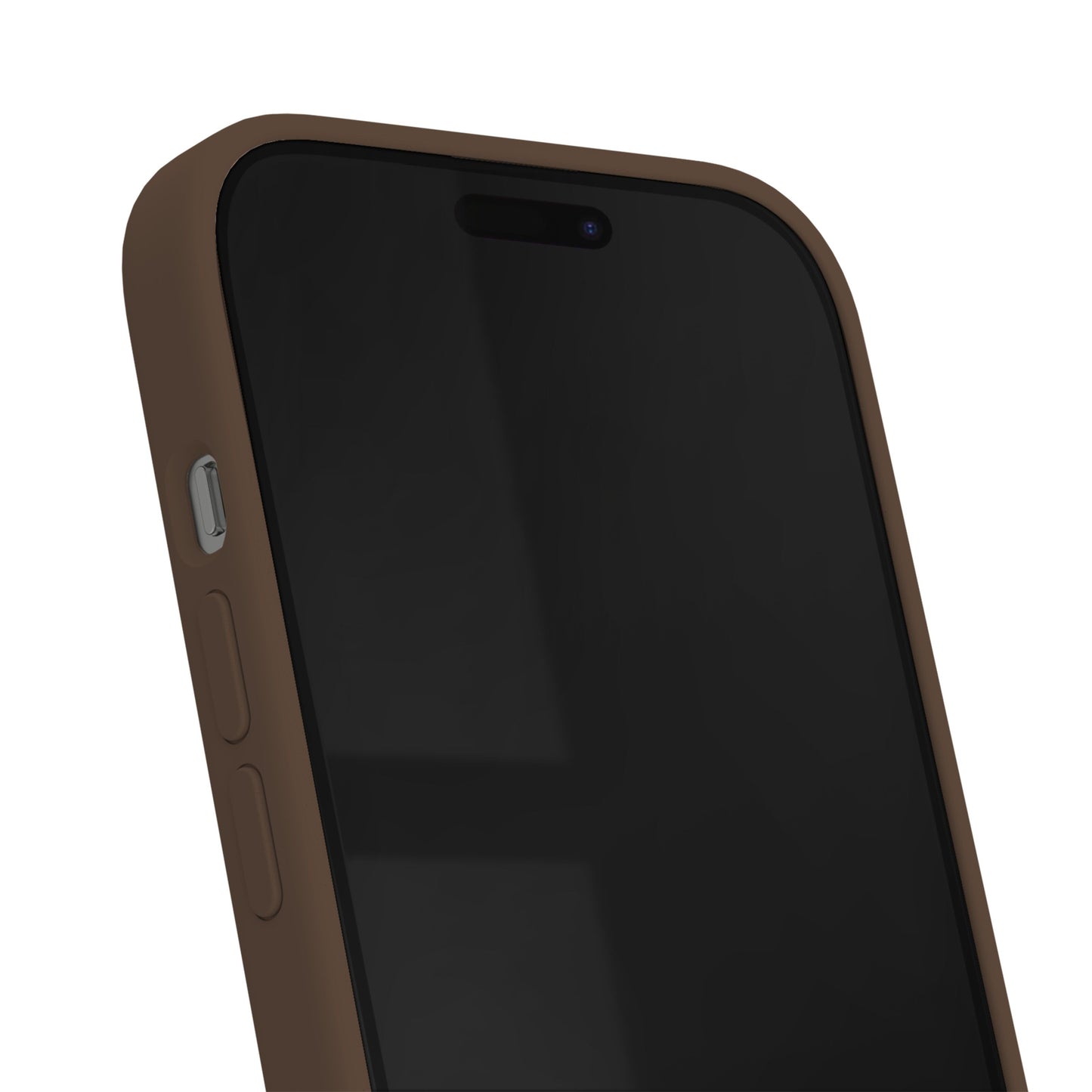 IPhone i IDEAL OF SWEDEN Silicone MagSafe Cover Mocha Mousse, sideknapper og sort skærm med vinduesrefleksion synlig.
