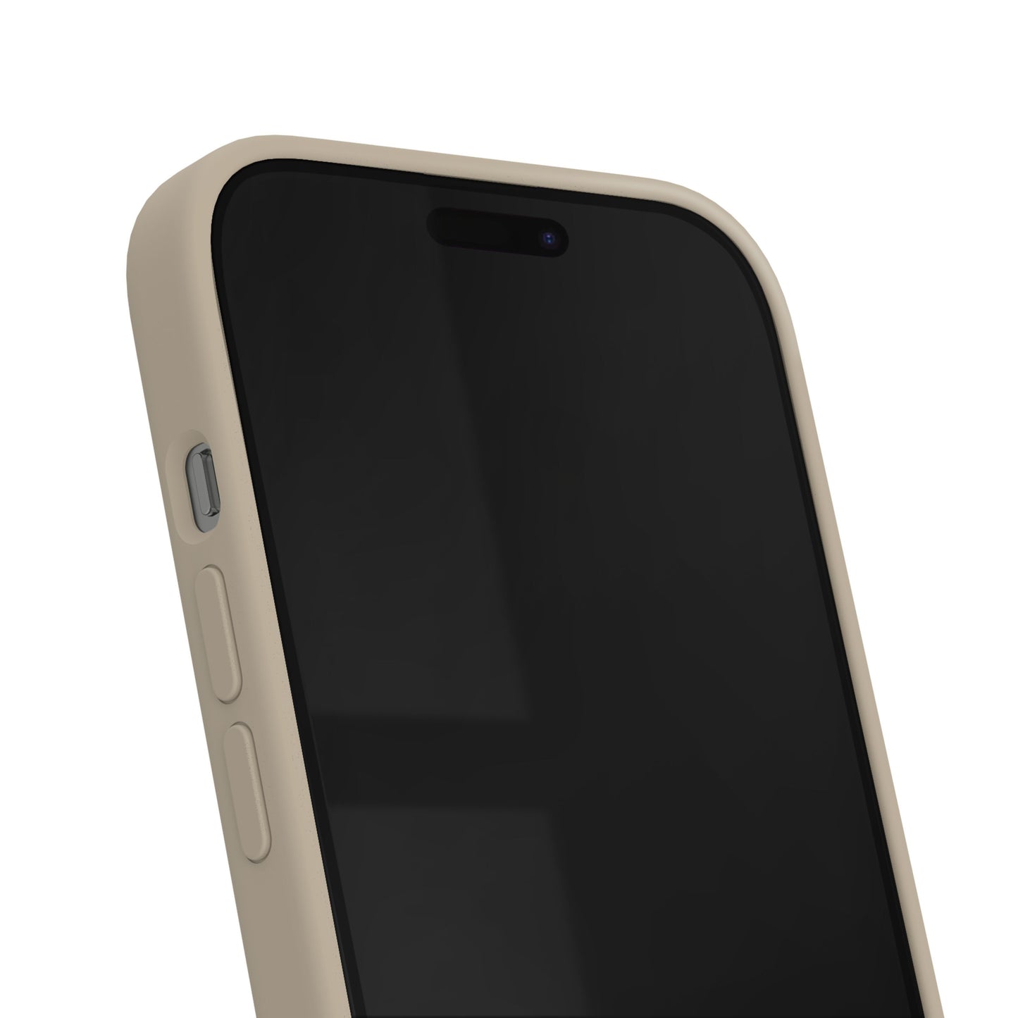 IPhone med IDEAL OF SWEDEN Silicone MagSafe Cover, Perfect Beige, synlige volumeknapper, til iPhone 13/14/15/16e.