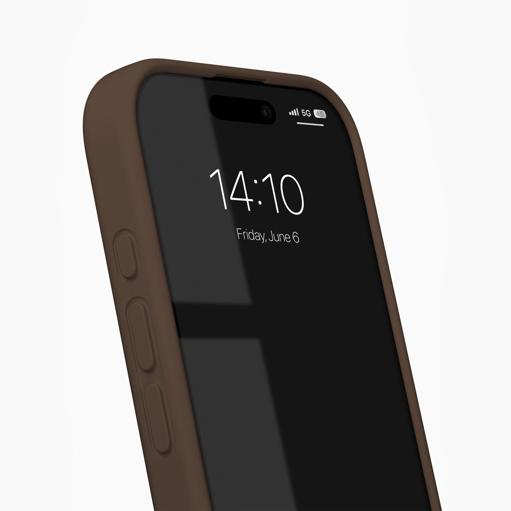 IDEAL OF SWEDEN Silikone MagSafe Cover Mocha Mousse iPhone 16, vinkel med MagSafe, sideknapper, del af display vises.