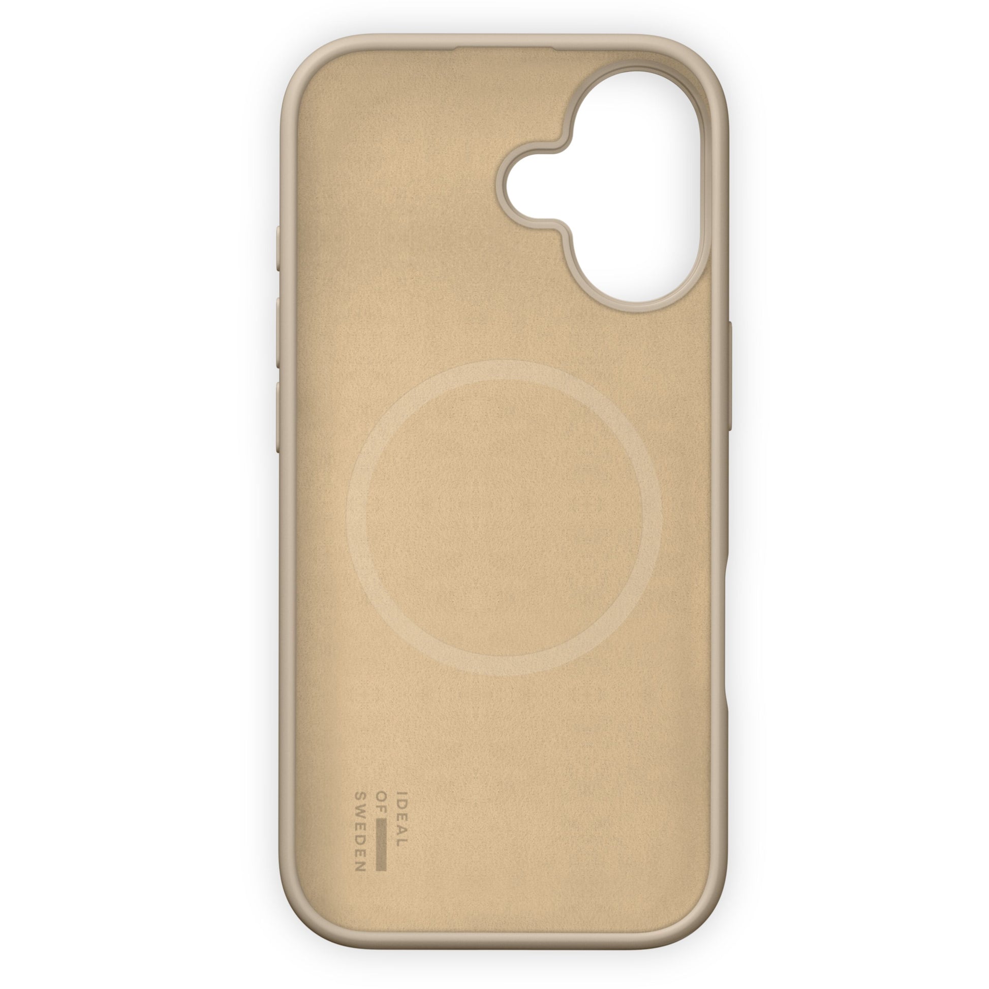 IDEAL OF SWEDEN Silikone MagSafe Cover til iPhone 16 Perfect Beige, tekstureret overflade, magnetisk opladningsring, logo.