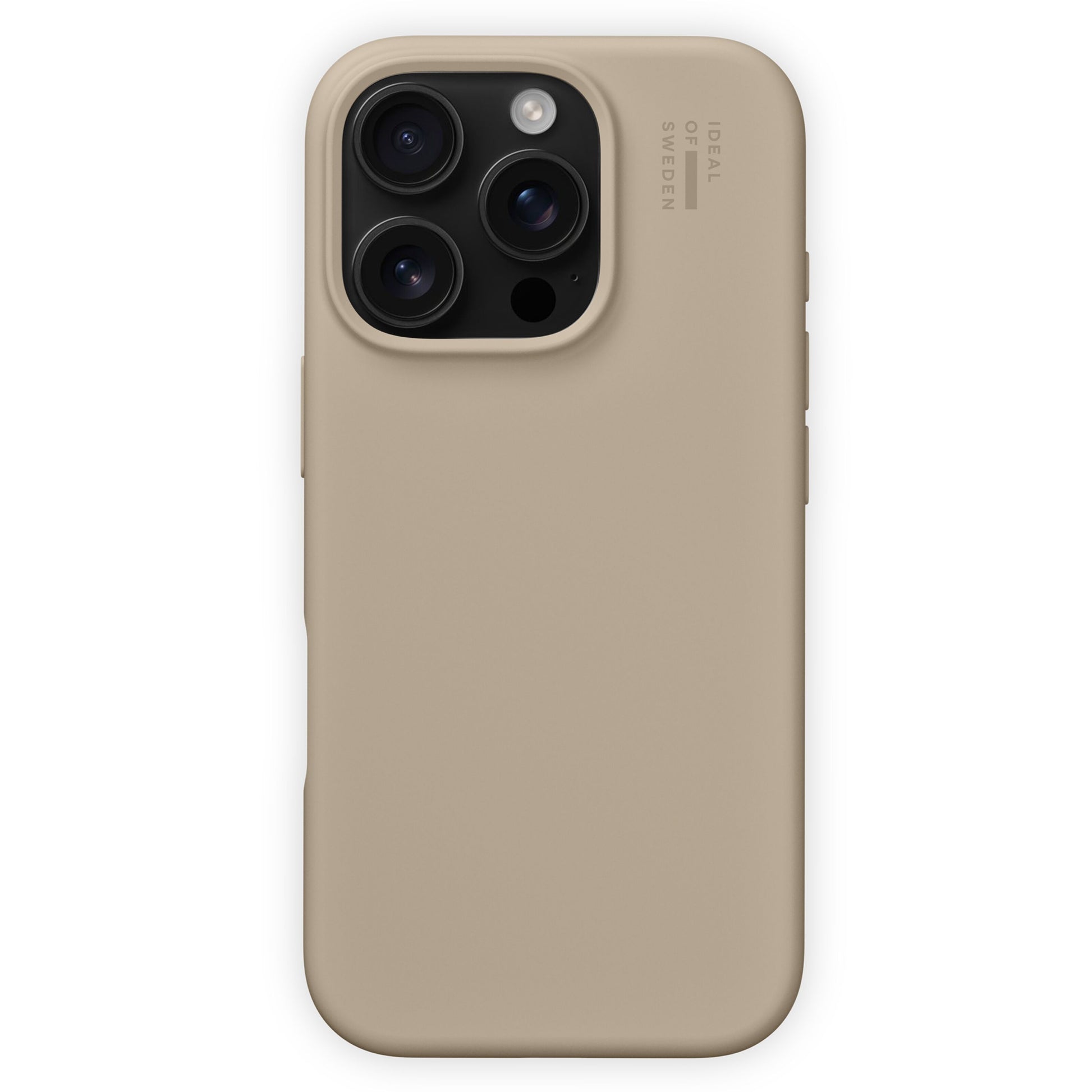 IDEAL OF SWEDEN silikone MagSafe cover til iPhone 16 Pro, mat beige, plads til tre taskekameraer og blitz.