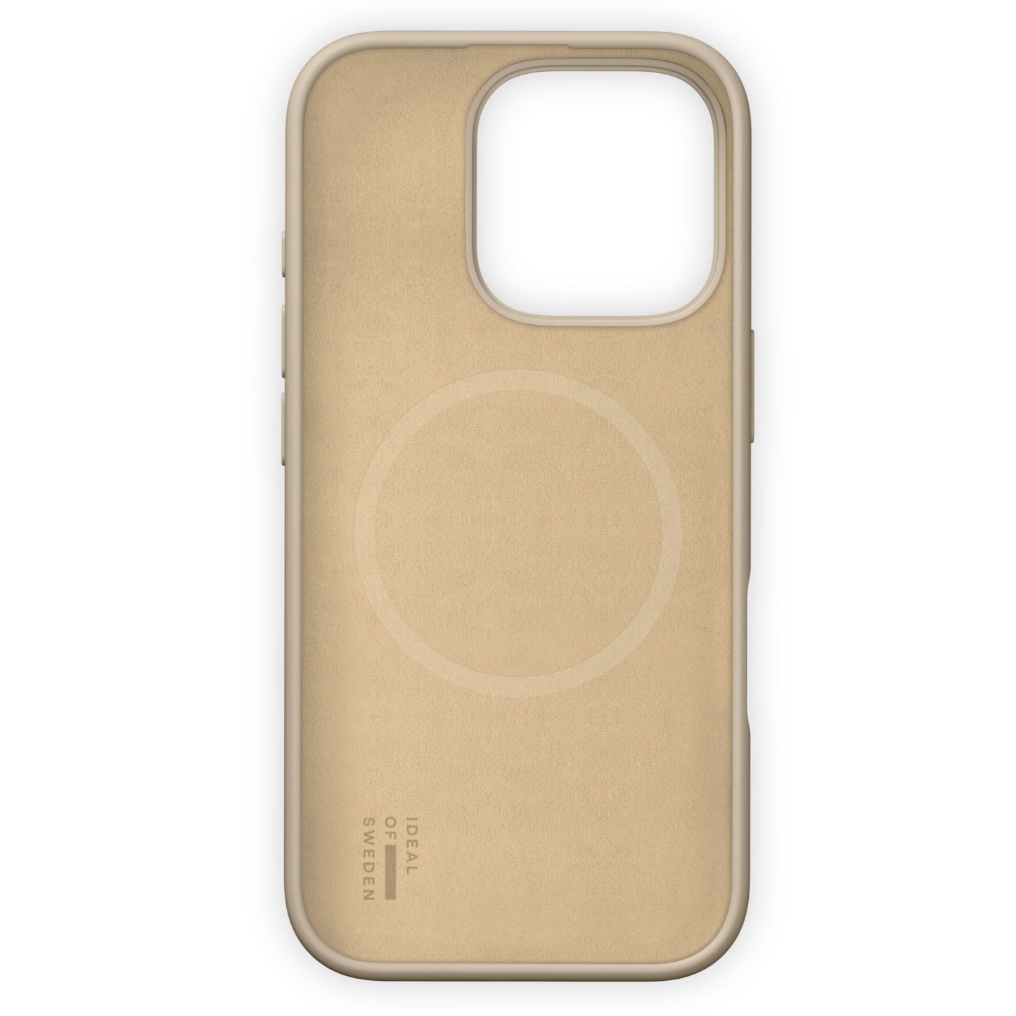 IDEAL OF SWEDEN silikone MagSafe cover til iPhone 16 Pro, Perfect Beige, afrundede kanter, stor kameraudskæring, logo nederst.