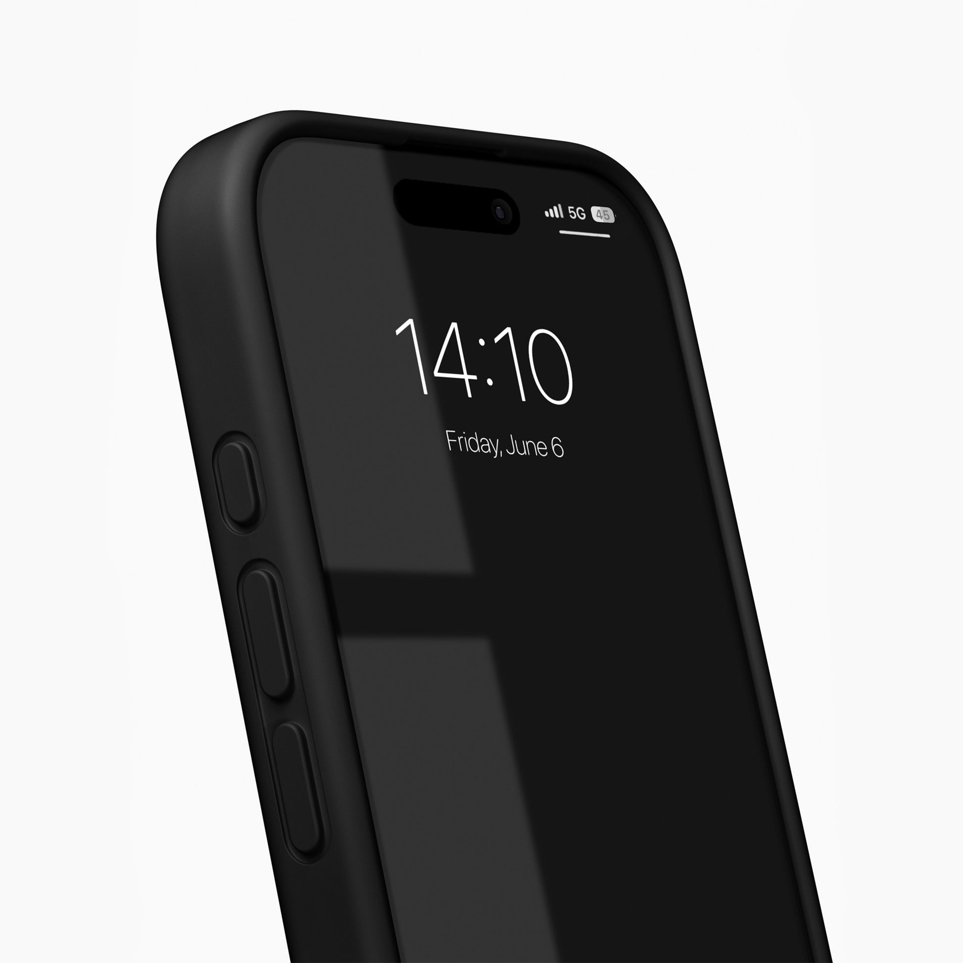 IDEAL OF SWEDEN Silikone MagSafe Cover til iPhone 17 Sort, viser låseskærm 14:10, signal- og batteriikon synlige.