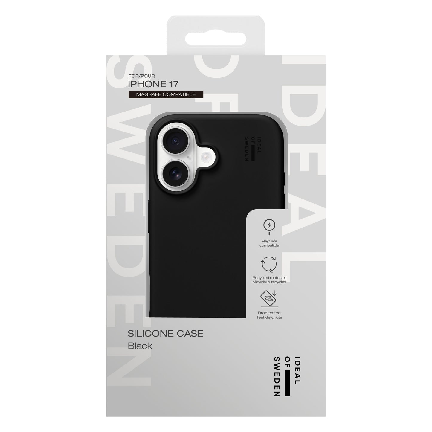 IDEAL OF SWEDEN Silikone MagSafe Cover iPhone 17 sort, delvist synlig i æske med info om skærm/kamerabeskyttelse, genbrug, stødbeskyttelse.