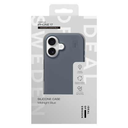 IDEAL OF SWEDEN Silikone MagSafe Cover iPhone 17 Midnight Blue i emballage med logo, MagSafe kompatibel, dropbeskyttelse.