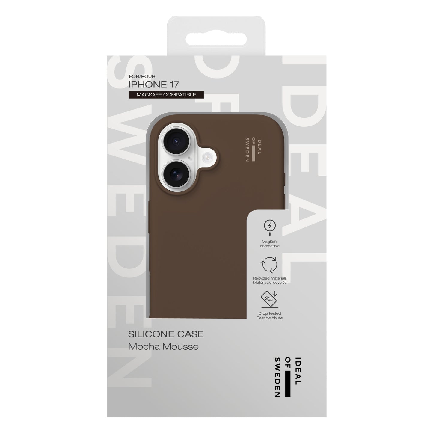 IDEAL OF SWEDEN silikone MagSafe cover til iPhone 17, farve Mocha Mousse, dropbeskyttelse, hvidt og gråt logo.