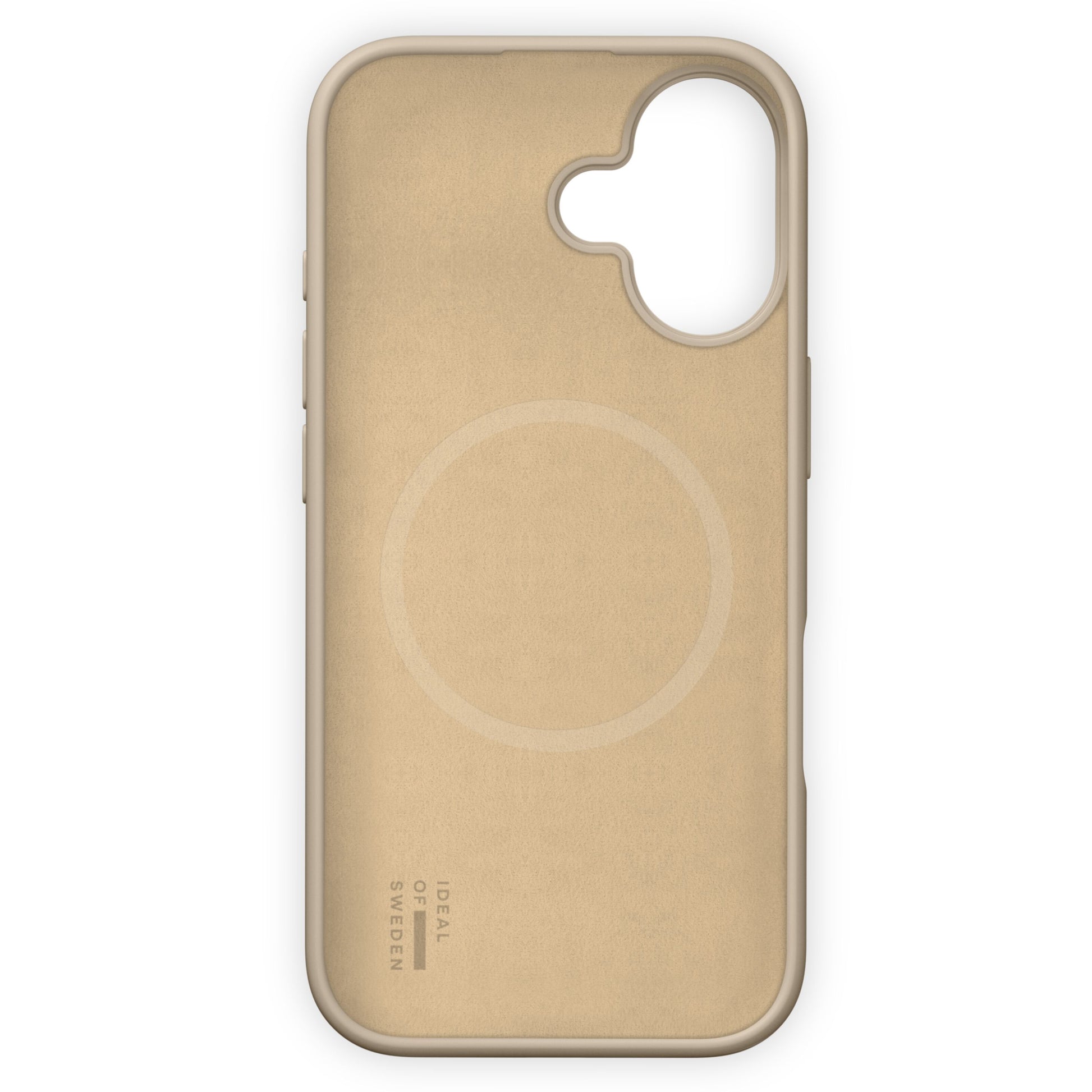 IDEAL OF SWEDEN silikone MagSafe cover til iPhone 17 Perfect Beige med stort kameraudsnit og diskret logo nederst.