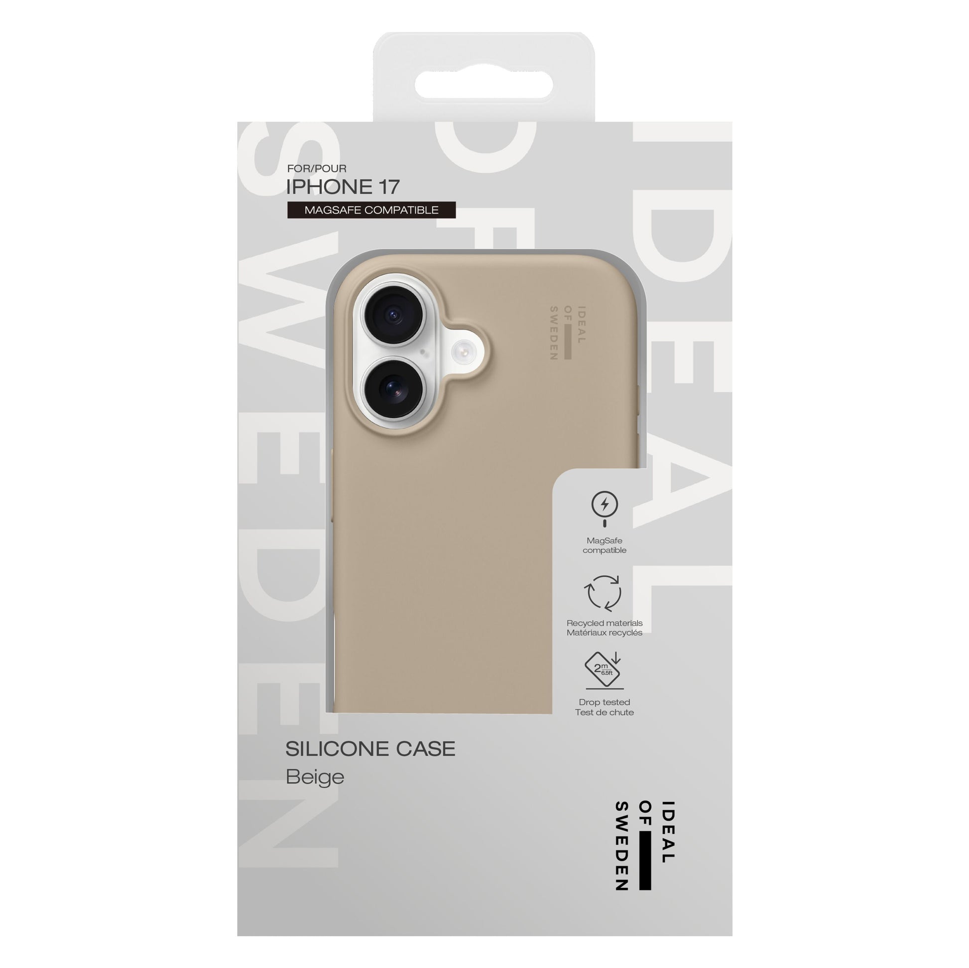 IDEAL OF SWEDEN Silikone MagSafe Cover iPhone 17 Perfect Beige, detailemballage med billede af coveret på telefonen.