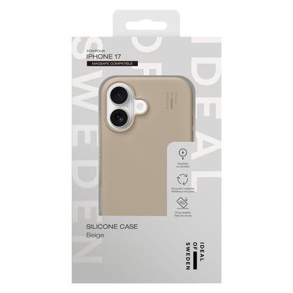 IDEAL OF SWEDEN Silikone MagSafe Cover iPhone 17 Perfect Beige, detailemballage med billede af coveret på telefonen.
