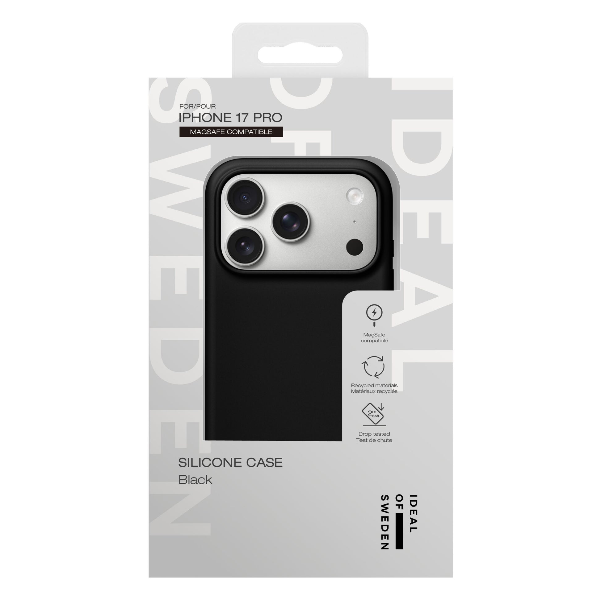 IDEAL OF SWEDEN Silikone MagSafe Cover til iPhone 17 Pro Sort vist på æsken med fokus på MagSafe og drop-testet beskyttelse.