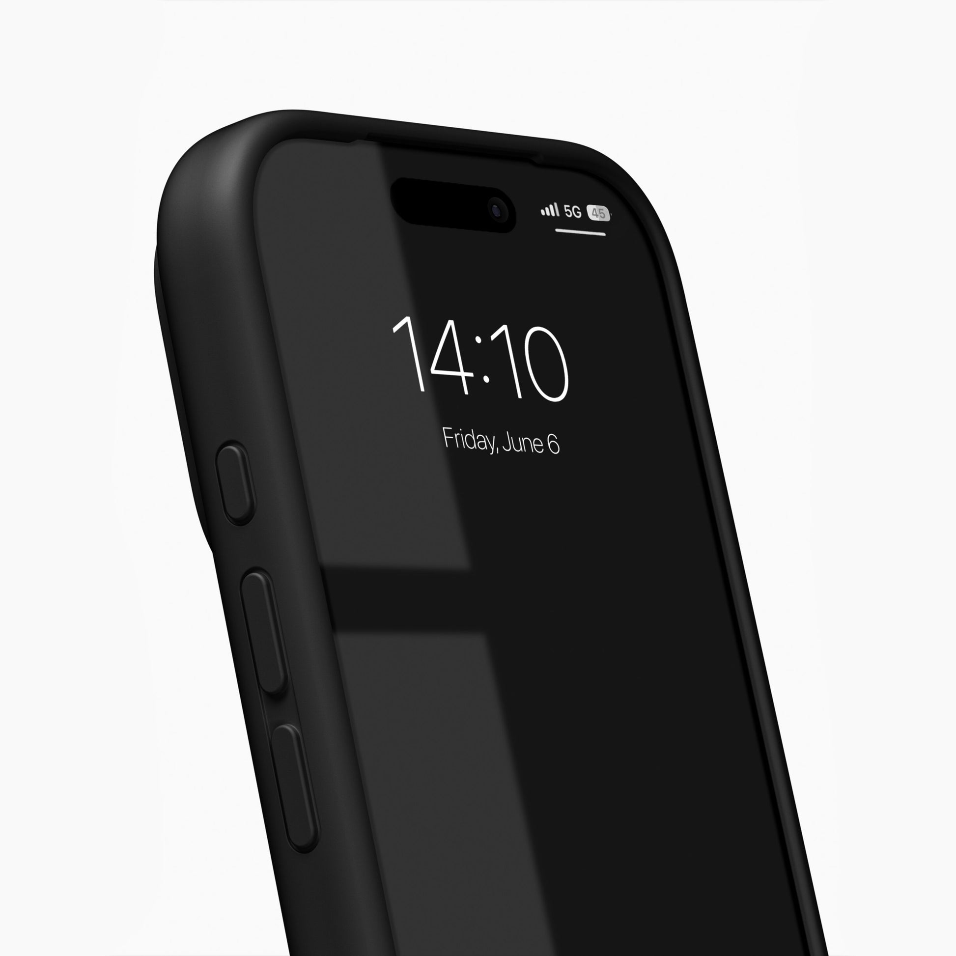 IPhone 17 Pro Max med sort IDEAL OF SWEDEN Silicone MagSafe Cover, låseskærm viser kl. 14:10, fredag d. 6. juni.