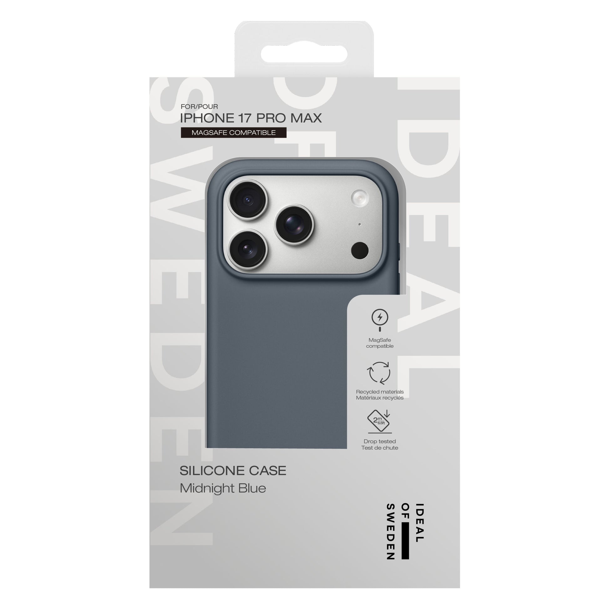 IDEAL OF SWEDEN Silikone MagSafe Cover Midnight Blue til iPhone 17 Pro Max, kompatibilitet og MagSafe fremhæves på emballagen.