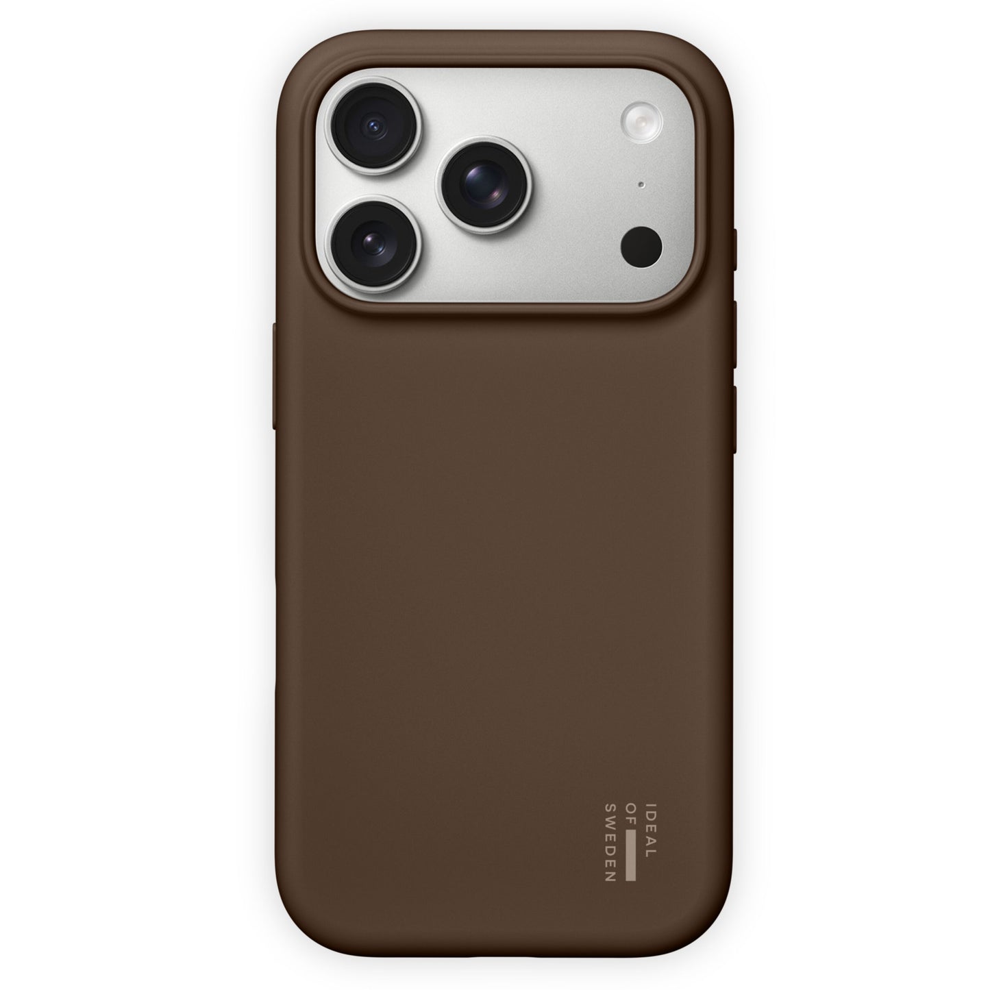IDEAL OF SWEDEN Silicone MagSafe Cover Mocha Mousse til iPhone 17 Pro Max med hvidt logo nederst til højre.
