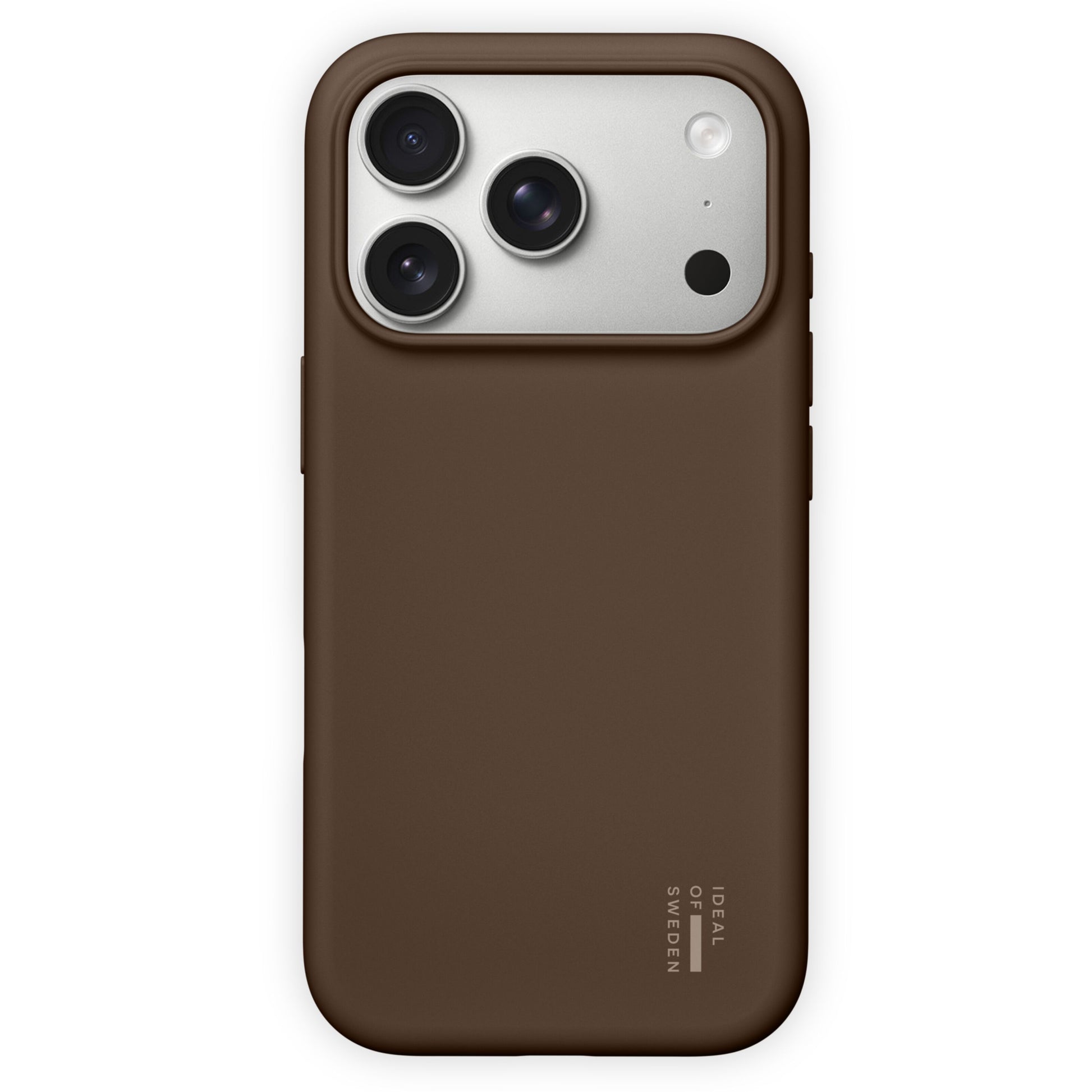 IDEAL OF SWEDEN Silicone MagSafe Cover Mocha Mousse til iPhone 17 Pro Max med hvidt logo nederst til højre.
