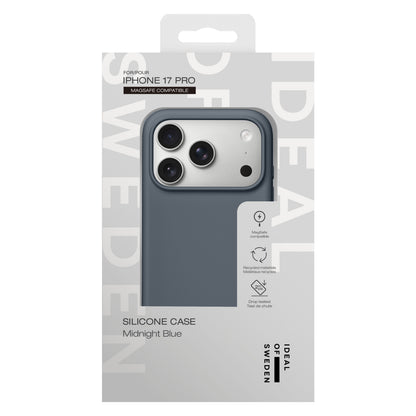 IDEAL OF SWEDEN silikone MagSafe cover til iPhone 17 Pro Midnight Blue lavet af genanvendte materialer drop-testet MagSafe support.