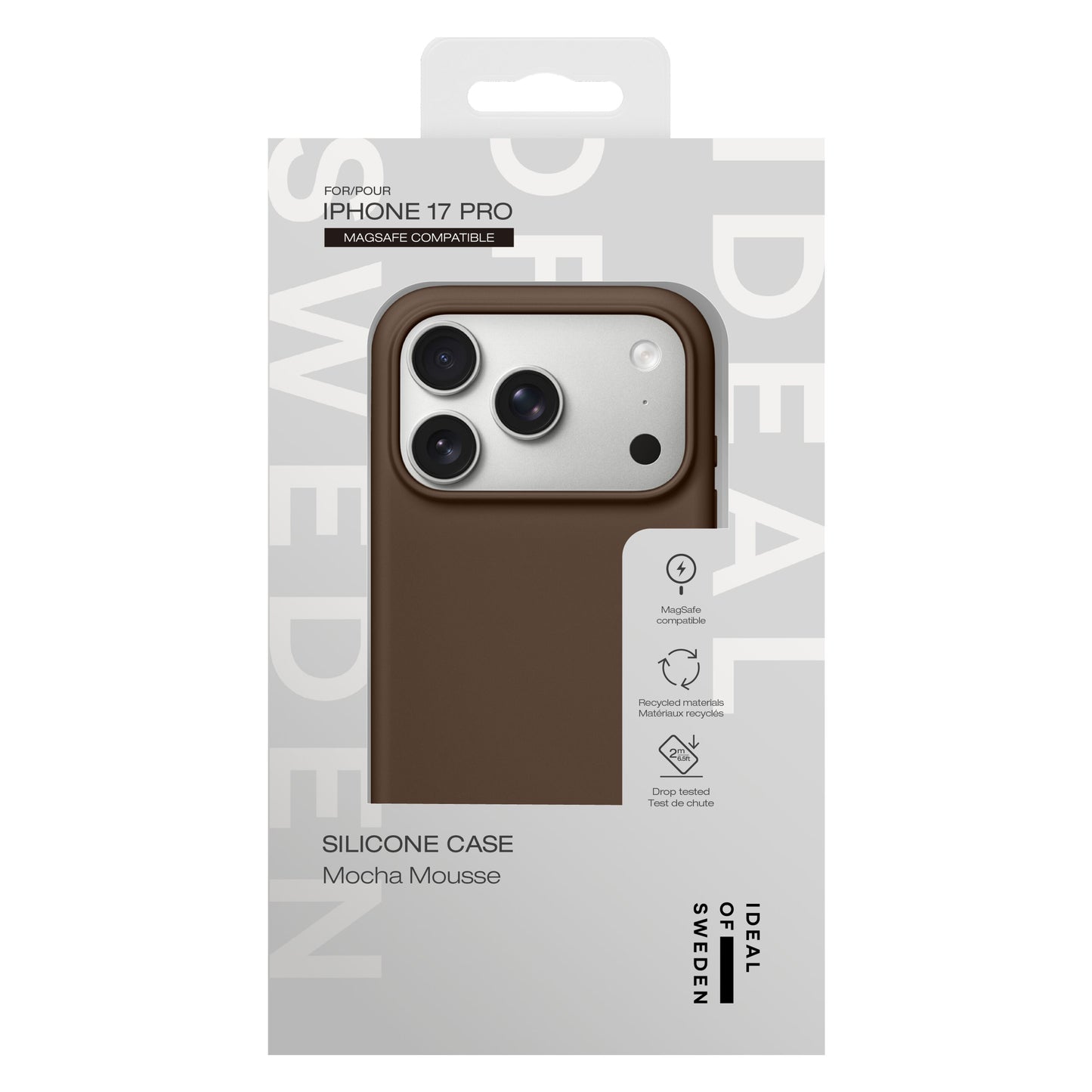 Ideal Of Sweden silikone MagSafe cover til iPhone 17 Pro, farve Mocha Mousse, med dropbeskyttelse, retail emballage.
