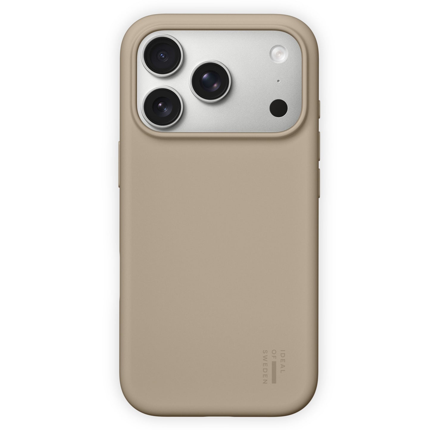 IDEAL OF SWEDEN Silikone MagSafe Cover i Perfect Beige til iPhone 17 Pro, mat finish, udskæringer til tre kameraer og logo.