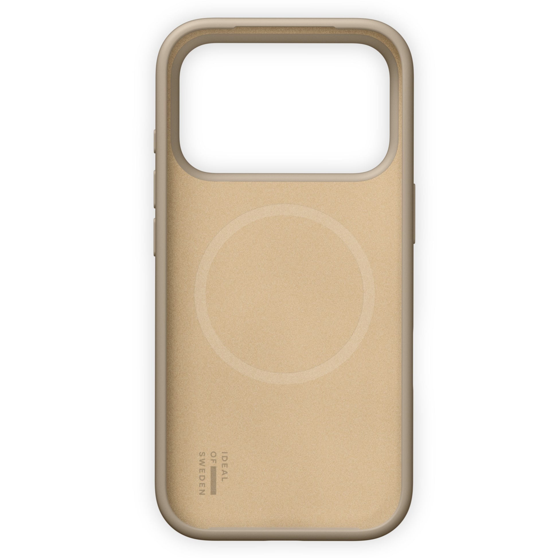 IDEAL OF SWEDEN Silikone MagSafe cover til iPhone 17 Pro, Perfect Beige, stort kameraudsnit og logo nederst.