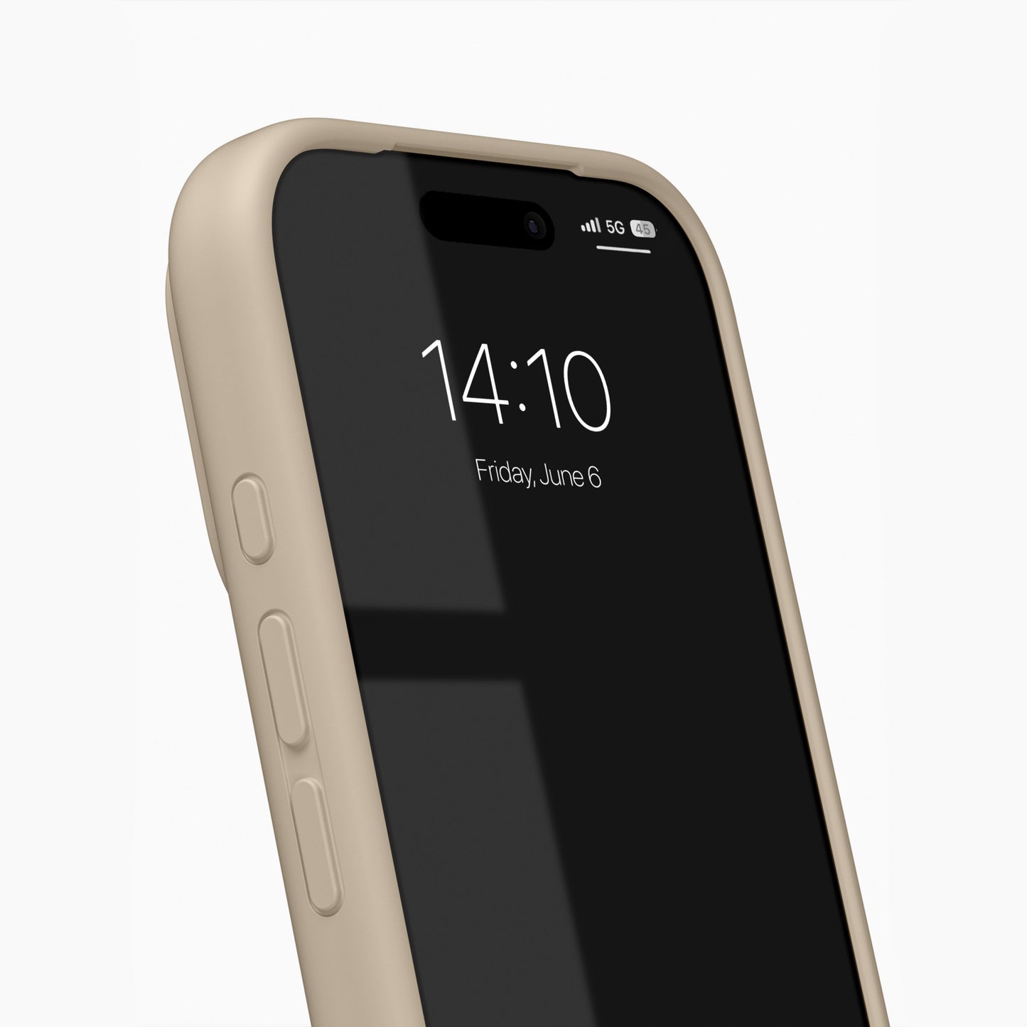 IPhone 17 Pro med IDEAL OF SWEDEN Silikone MagSafe Cover Perfect Beige, låseskærm 14:10, vinduesrefleksion.