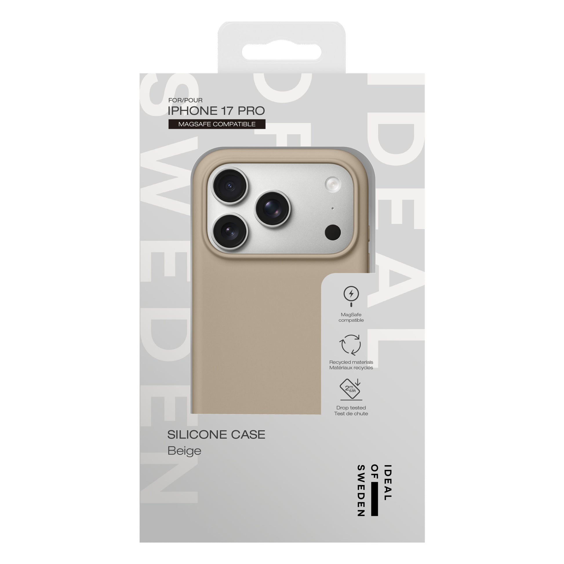 IDEAL OF SWEDEN Silicone MagSafe Cover Perfect Beige til iPhone 17 Pro, billede af cover samt funktionsikoner på æsken.