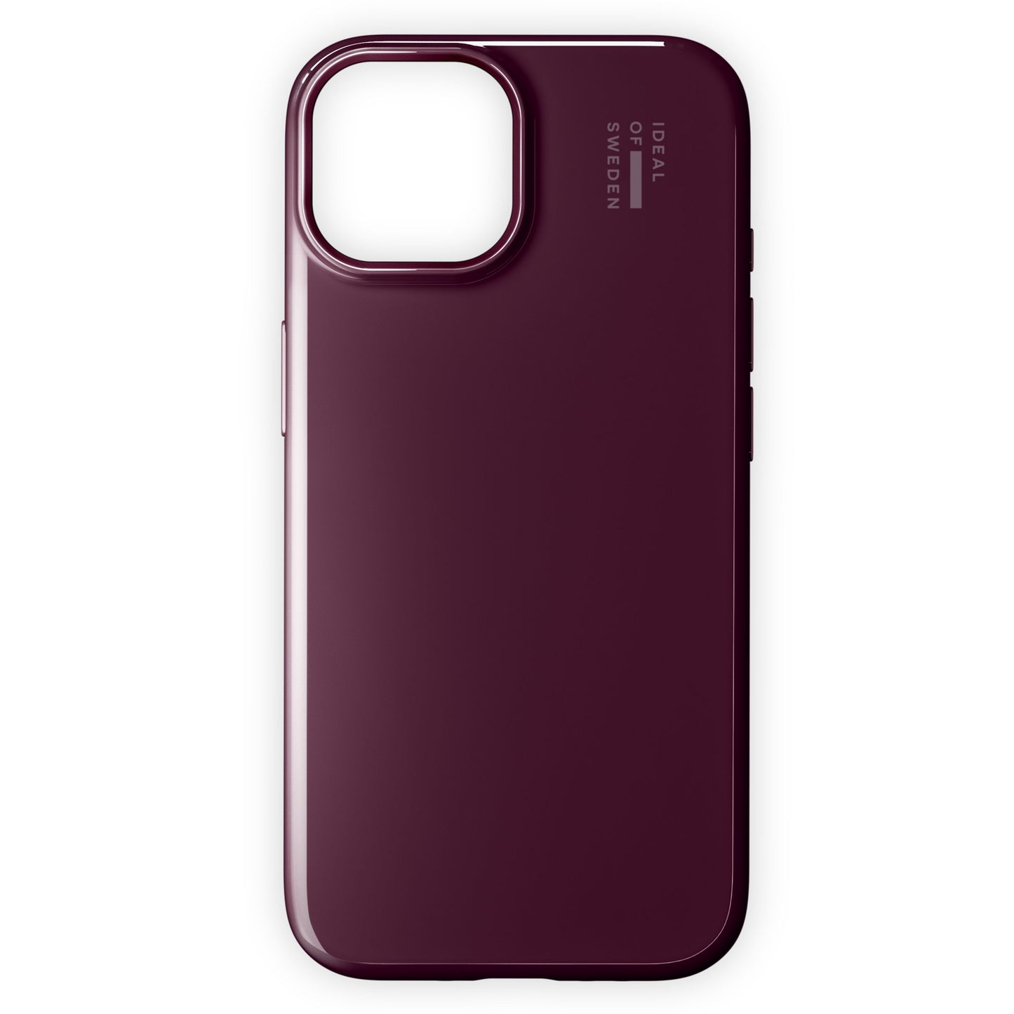 IDEAL OF SWEDEN Slim MagSafe Cover iPhone 13-17, Glossy Cherry, bordeaux finish, kameraudskæring øverst til venstre, logo øverst til højre.