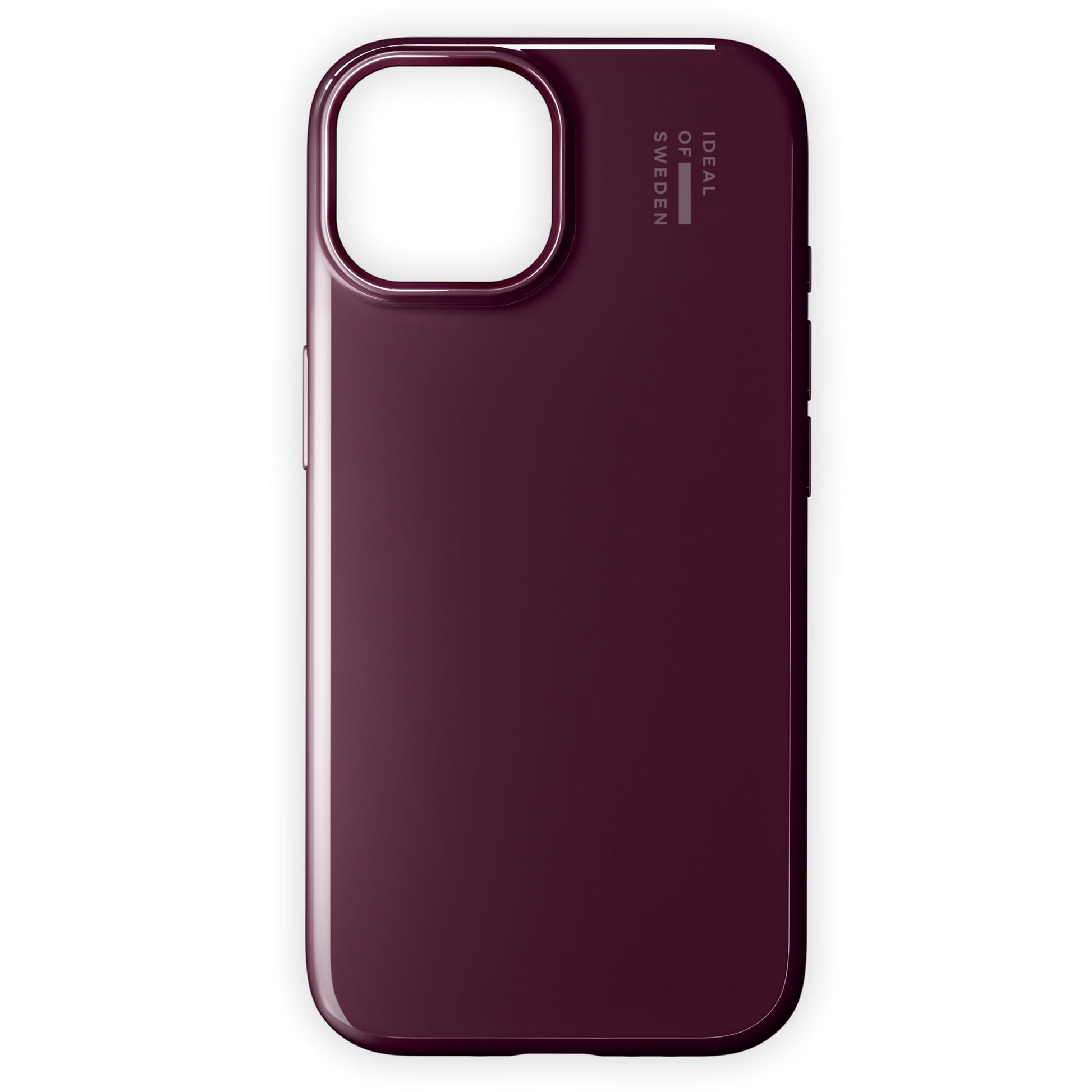 IDEAL OF SWEDEN Slim MagSafe Cover iPhone 13-17, Glossy Cherry, bordeaux finish, kameraudskæring øverst til venstre, logo øverst til højre.