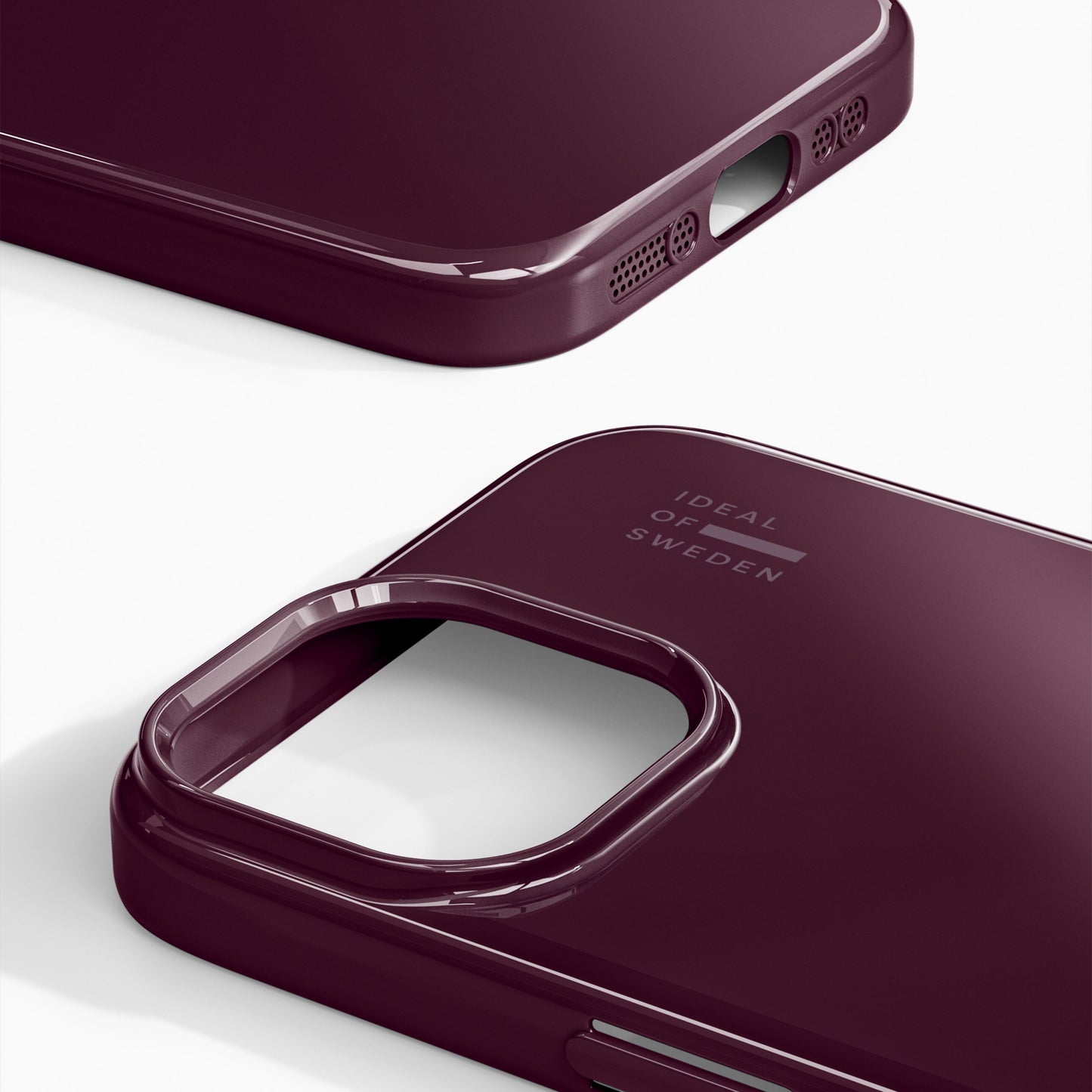 IDEAL OF SWEDEN Slim MagSafe Cover Glossy Cherry til iPhone 13-17 med præcise kamera- og portudskæringer, logo ved kamera.