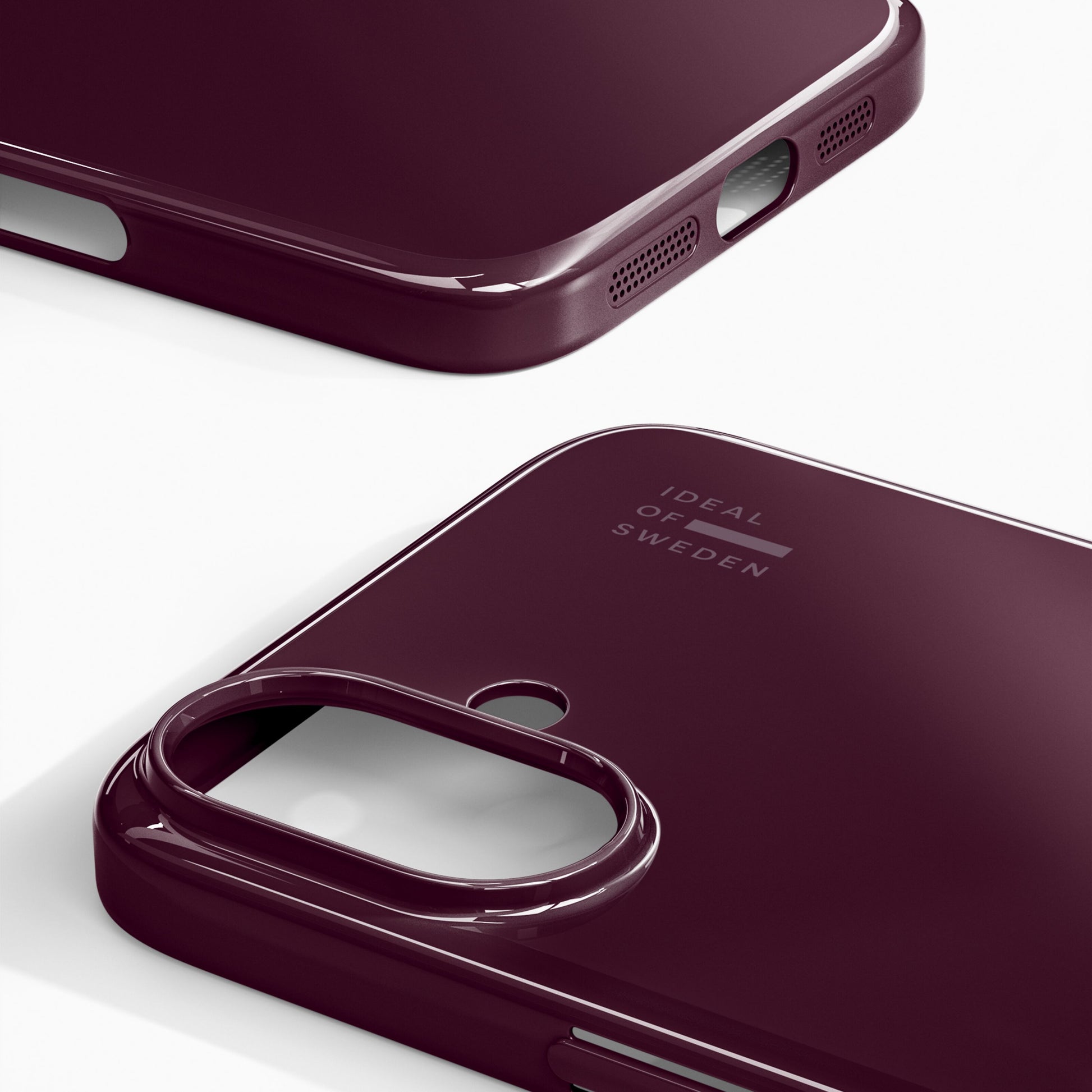 Ideal Of Sweden Slim MagSafe Case til iPhone 16 Glossy Cherry, udskæringer til kamera og oplader, logo ved kamera.