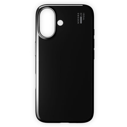 IDEAL OF SWEDEN Slim MagSafe Cover iPhone 17 sort, genanvendt polycarbonat, stor kameraklipning, hvidt logo øverst til højre.