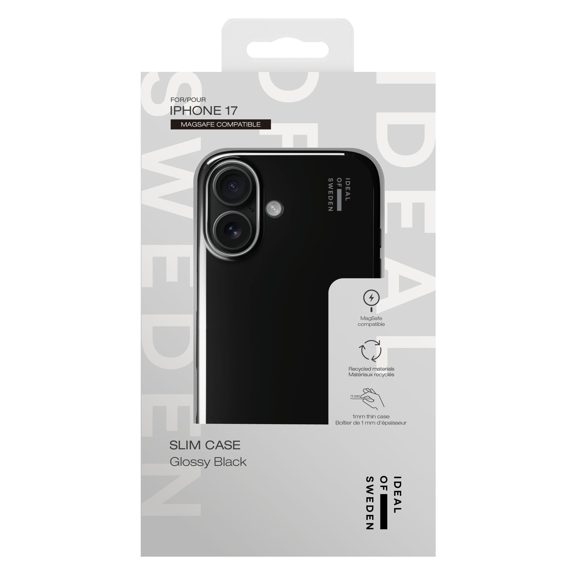 IDEAL OF SWEDEN Slim MagSafe Case iPhone 17, Glossy Black, i æske med brandlogo og info om MagSafe-kompatibilitet.