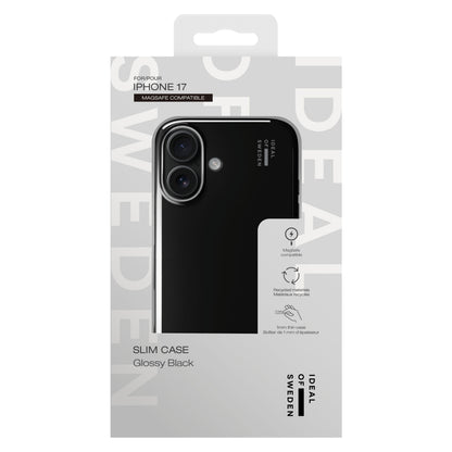 IDEAL OF SWEDEN Slim MagSafe Case iPhone 17, Glossy Black, i æske med brandlogo og info om MagSafe-kompatibilitet.